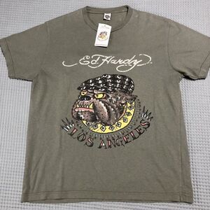 Ed Hardy Shirt Size Large Bulldog Studded Graphic Khaki Y2K Retro Double Sided